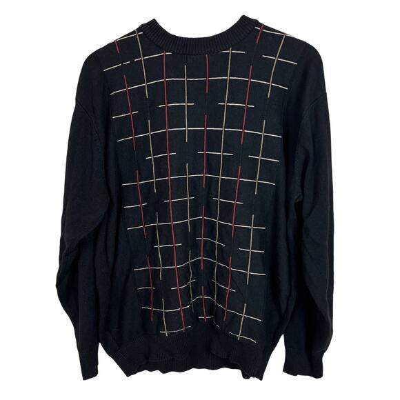 Protege Men's Large Silk Cotton Blend Black Pullover Crew Neck Sweater Geometric - Picture 1 of 6